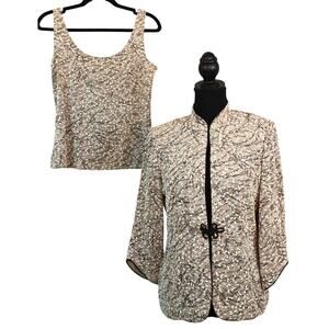 Alex Evenings Cream Beige 2 Piece Set Jacket Tank Top Glitter Floral Large